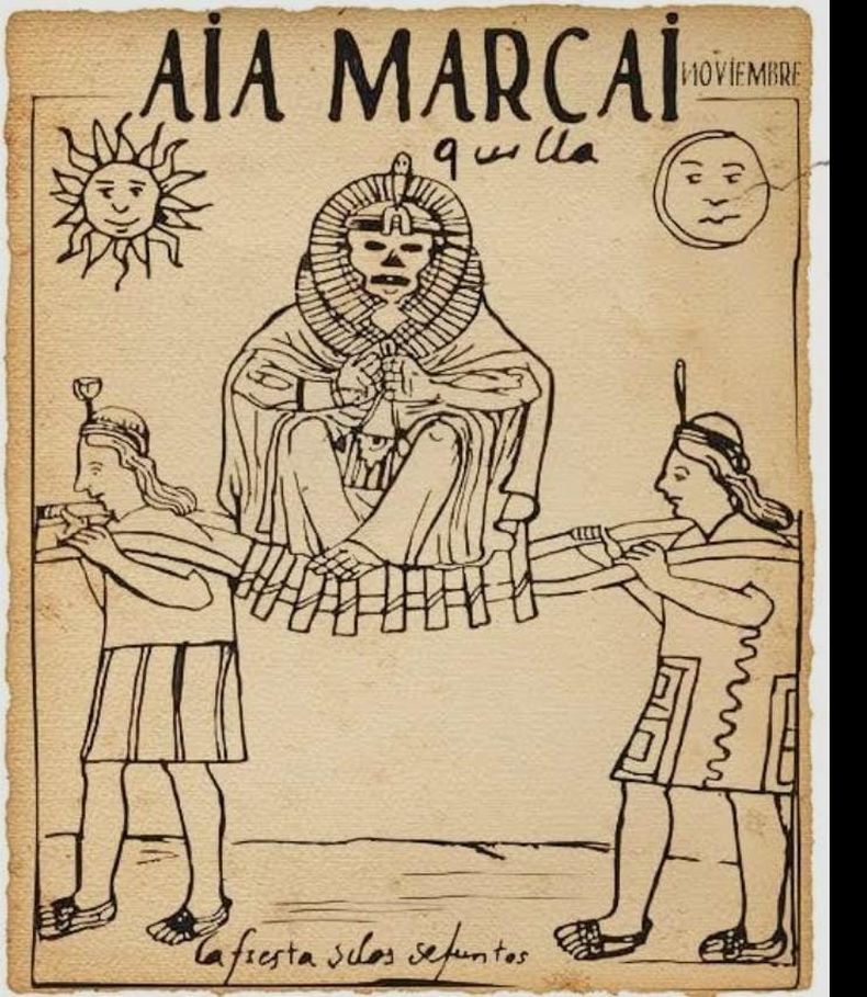 Representación del Aya Marcay Quilla, la conmemoración andina en la que los cuerpos de los antepasados eran llevados en andas.