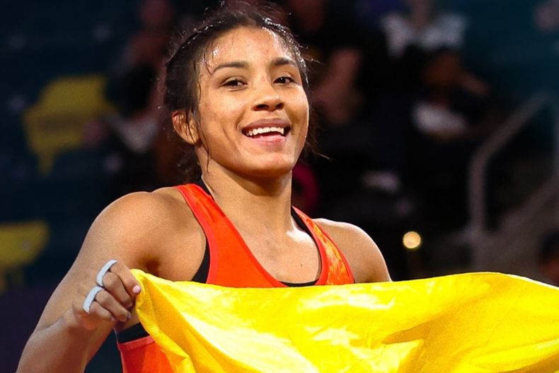 Lucía Yépez en el Campeonato Mundial de Lucha 2025, que se celebra en Astaná, Kazajistán.