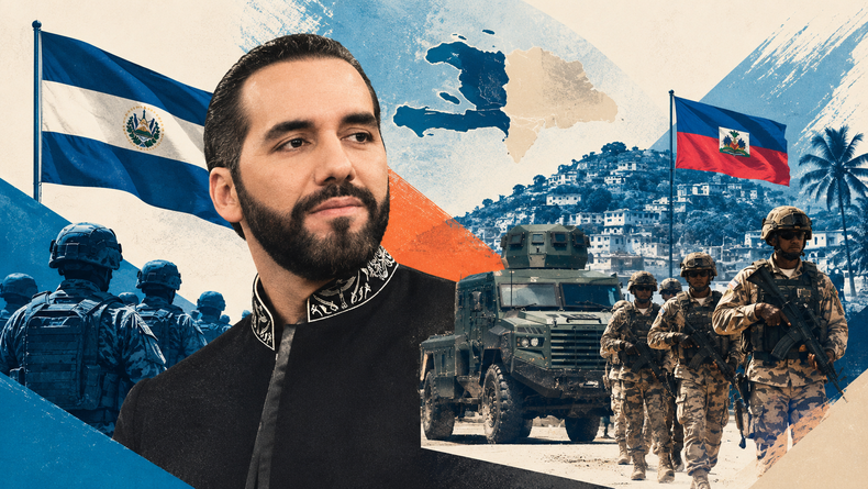 Ilustración sobre la orden del presidente salvadoreño, Nayib Bukele, de desplegar 2.000 soldados en Haití para localizar a cuatro militares desaparecidos.