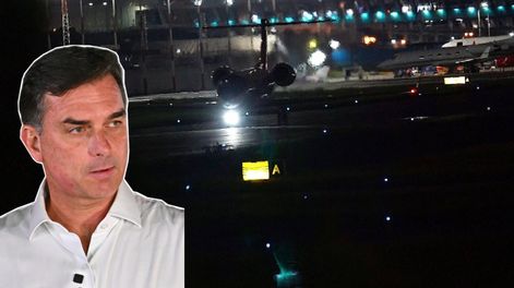Composición con el rostro de Flávio Bolsonaro y el avión de la compañía Baires Fly S.A. captado en Guayaquil con el excandidato presidencial de Brasil a bordo.