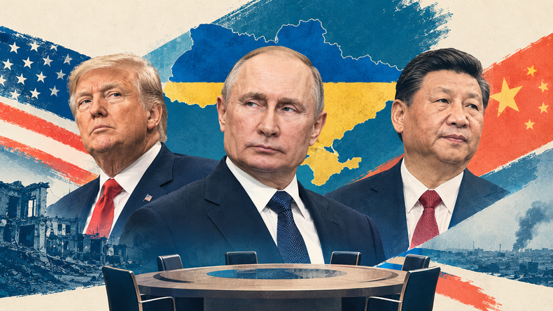 Ilustración sobre la próxima cumbre entre el presidente de Rusia, Vladímir Putin, y los líderes de Estados Unidos, Donald Trump, y de China, Xi Jinping, para resolver la guerra en Ucrania.