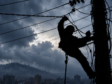 Ilustración referencial de un trabajador eléctrico que interviene en el tendido de cables durante una jornada de fuertes lluvias. La Empresa Eléctrica Quito advirtió sobre posibles afectaciones al suministro de energía.