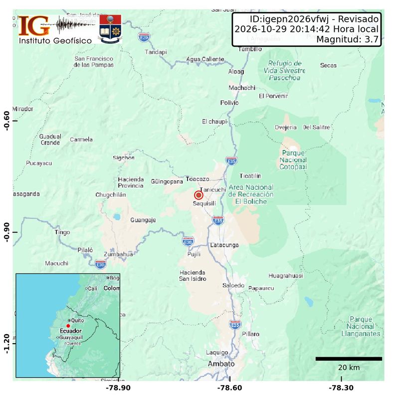 El mapa del Instituto Geofísico muestra el epicentro del sismo de magnitud 3,7 registrado cerca de Saquisilí, en Cotopaxi, el 29 de octubre de 2026.