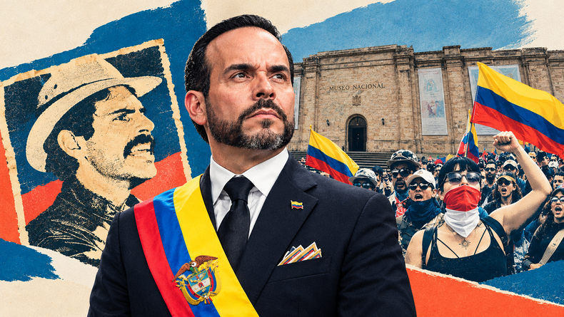 Ilustración de Abelardo de la Espriella, presidente de Colombia, y la crisis desatada por los cambios en el Museo Nacional de ese país.