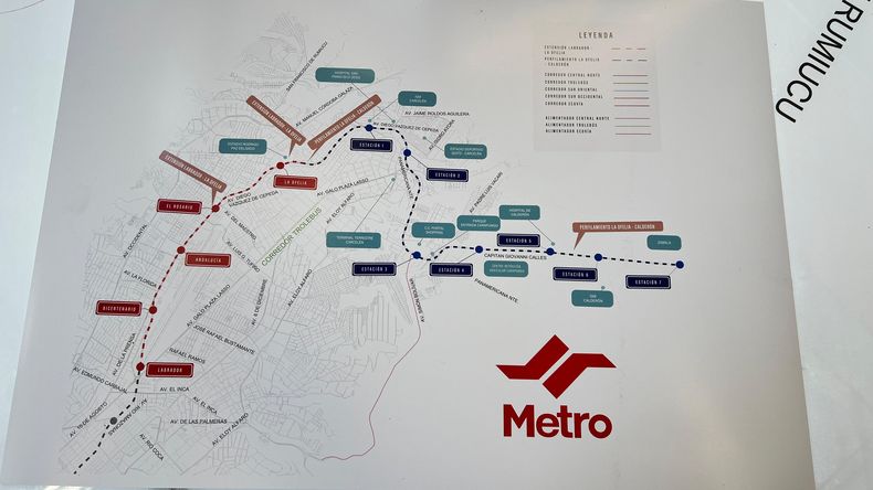 Mapa con cada estación del Metro de Quito desde el Labrador hasta La Ofelia, presentado este 28 de octubre de 2026.