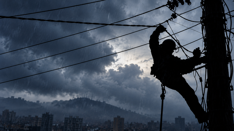 Ilustración referencial de un trabajador eléctrico que interviene en el tendido de cables durante una jornada de fuertes lluvias. La Empresa Eléctrica Quito advirtió sobre posibles afectaciones al suministro de energía.