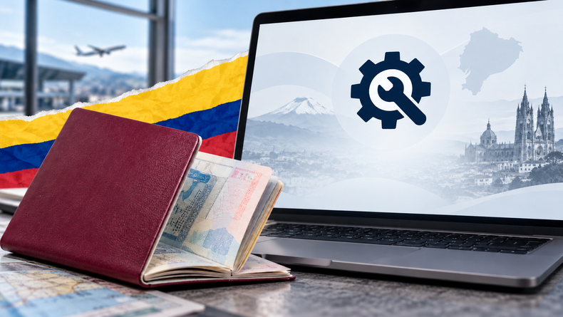 El portal e-VISAS de Ecuador está temporalmente fuera de servicio por mantenimiento, según informó la Cancillería este 21 de octubre. Imagen conceptual generada con IA.